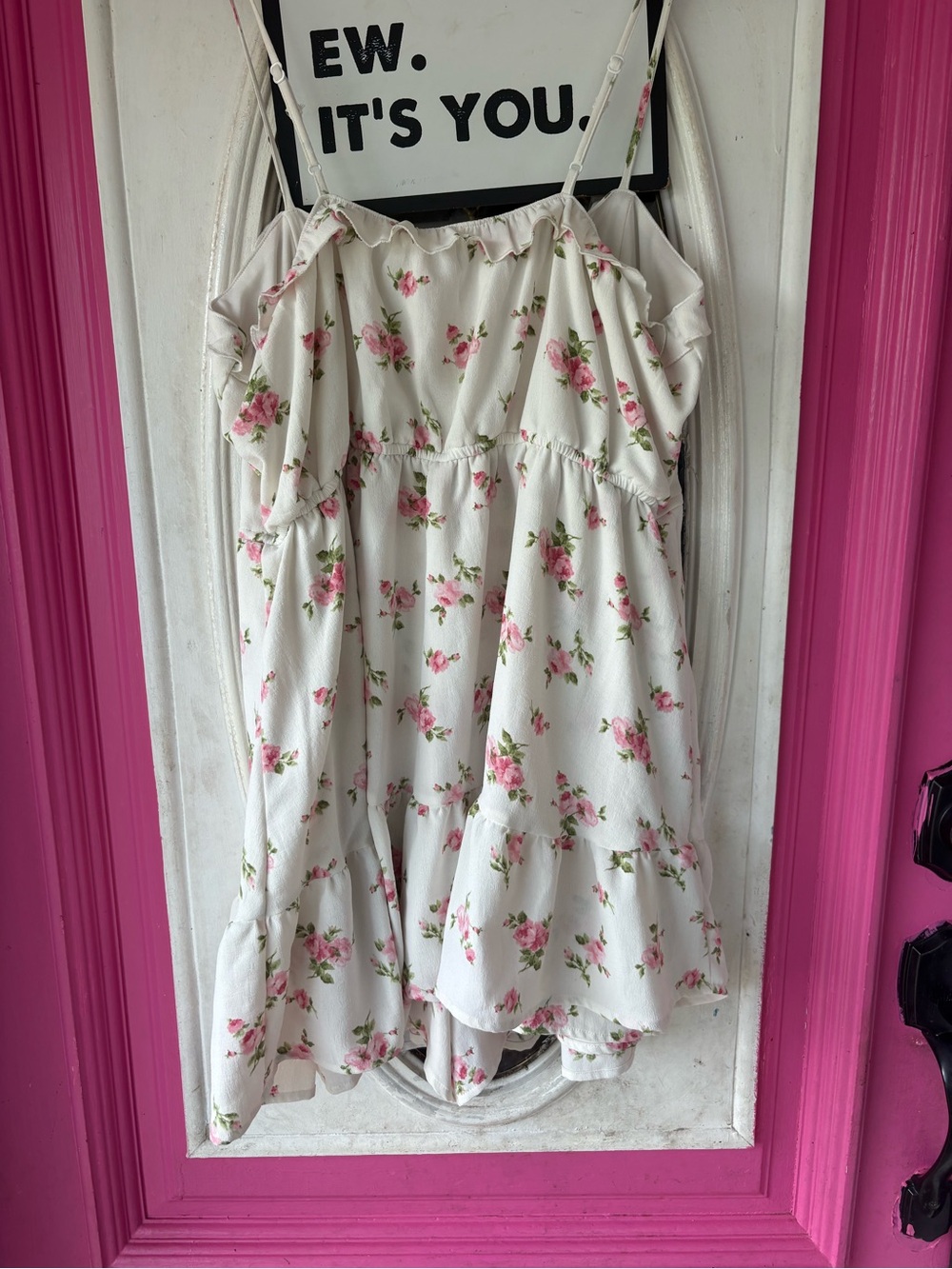 Altar'd State White Floral Tiered A-Line Dress romper with Pink Roses - Picture 5 of 7